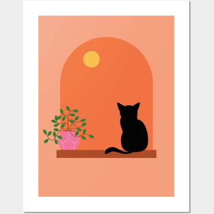 Minimalistic Illustration of Cat Sitting Boho Aesthetic Posters and Art